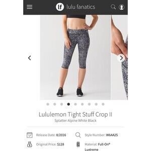 Lululemon size 6 Tight Stuff Crop Splatter Alpine White Black Luxtreme leggings